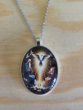 Religious Oval Dove Pendant Necklace in Silver Tone